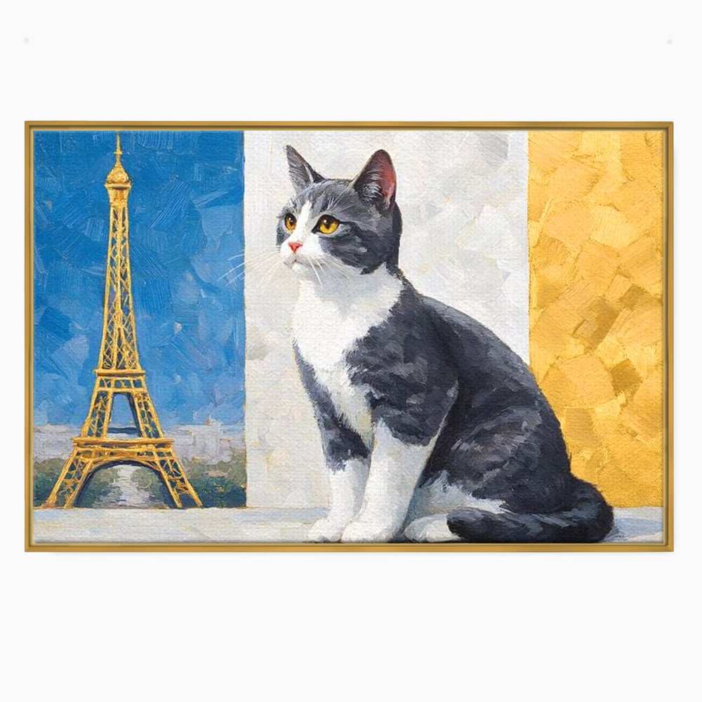 Tablou canvas cu tablou canvas cu pisica si turnul eiffel, in rama de aluminiu auriu